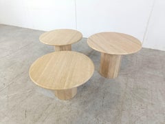 Vintage round travertine coffee table set, 1970s