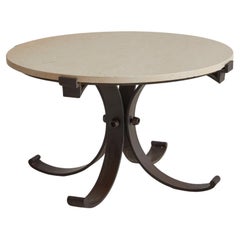 Vintage Round Travertine Coffee Table with Iron Base, France 20th Century