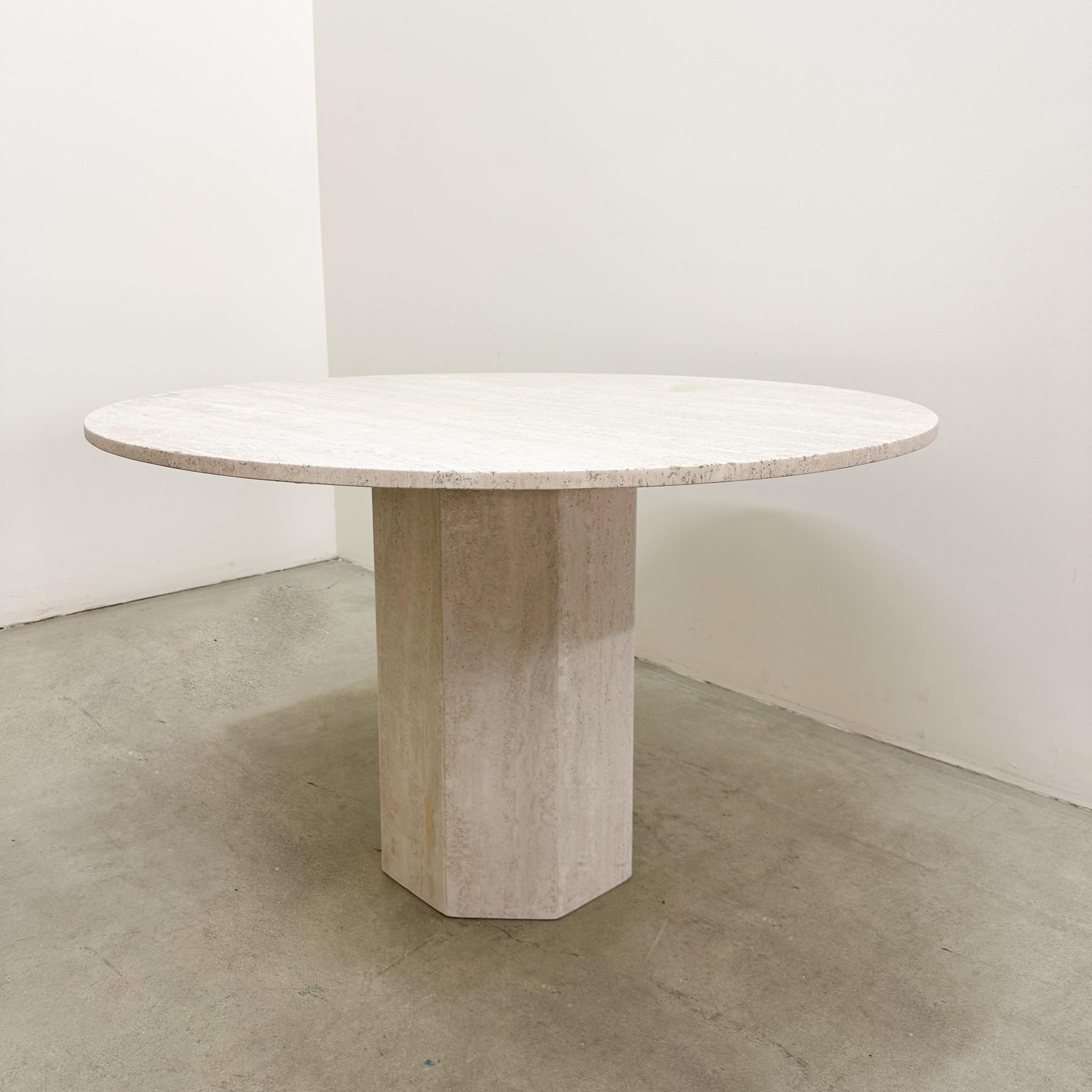 Vintage 1970s Round Travertine Dining Table, MCM, 48” Pedestal Base 4