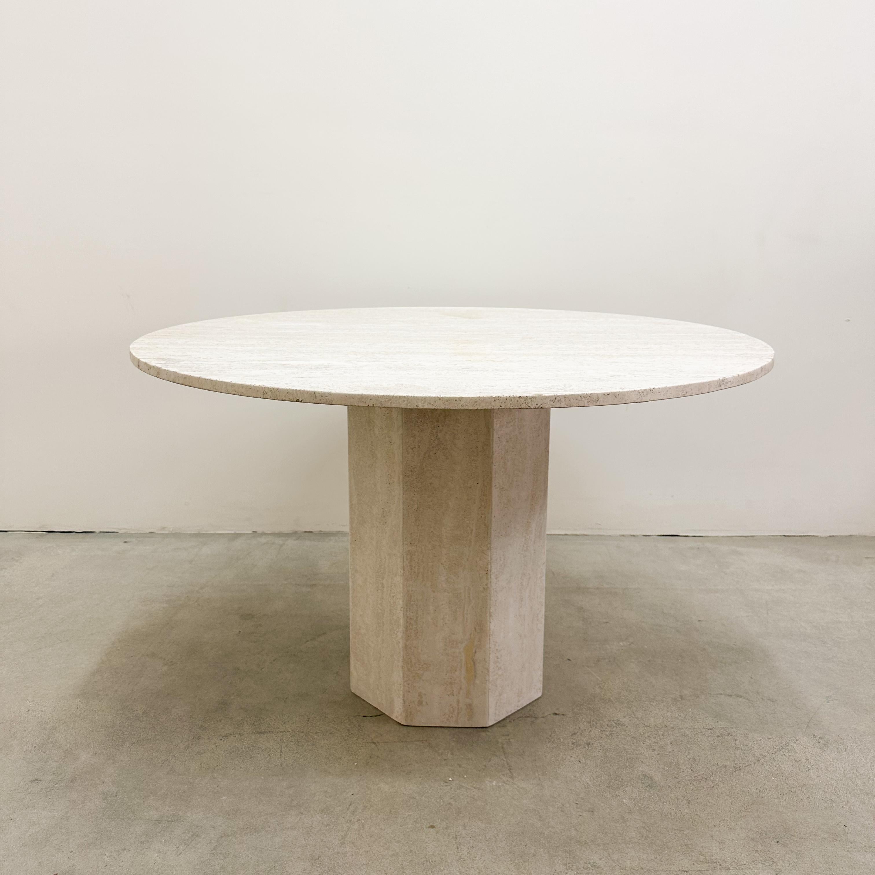 Mid-Century Modern Vintage 1970s Round Travertine Dining Table, MCM, 48” Pedestal Base
