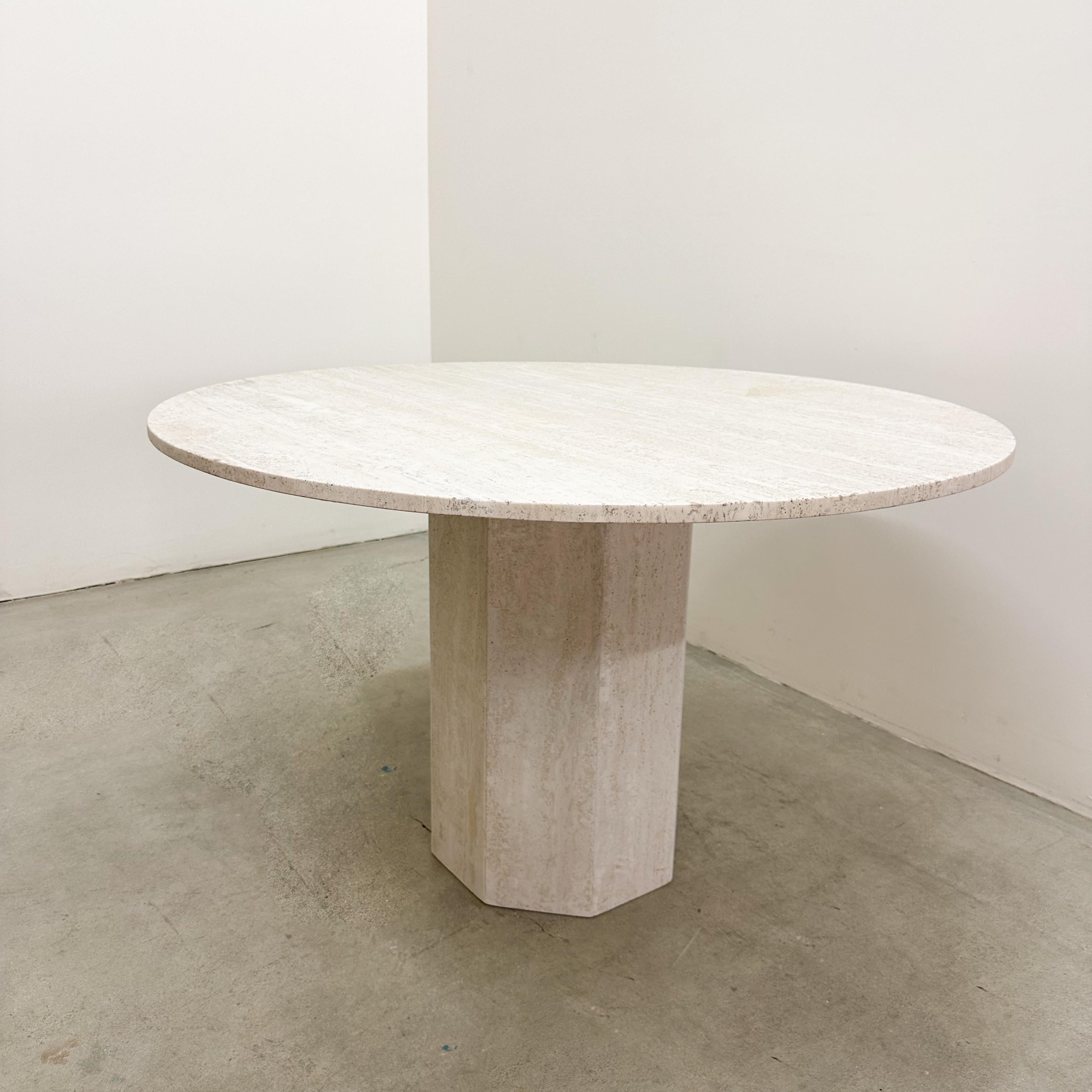 Vintage 1970s Round Travertine Dining Table, MCM, 48” Pedestal Base 3
