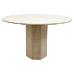 Vintage 1970s Round Travertine Dining Table, MCM, 48” Pedestal Base