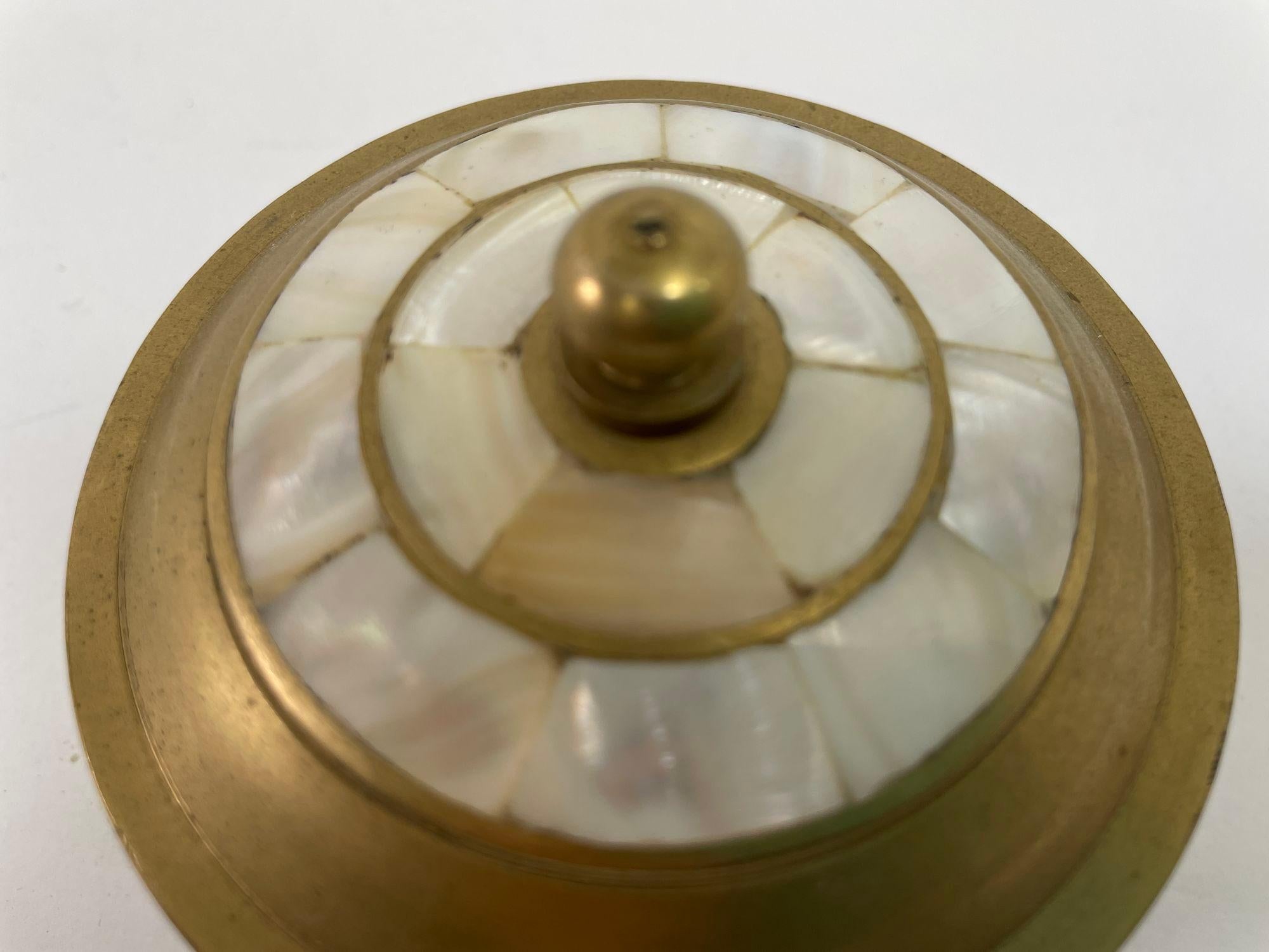 Vintage Round Trinket Lidded Brass Box with Mother of Pearl For Sale 5
