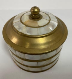 Vintage Round Trinket Lidded Brass Box with Mother of Pearl