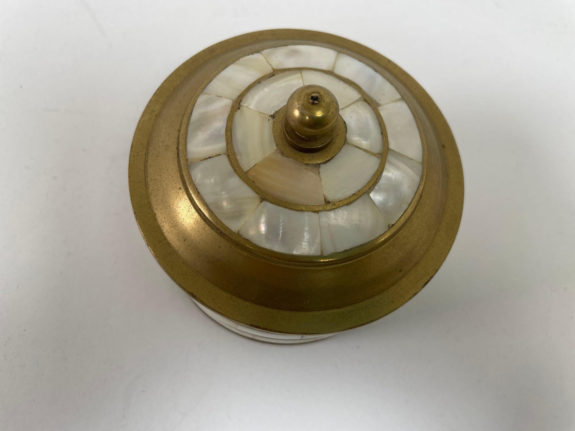 Hand-Crafted Vintage Round Trinket Lidded Brass Box with Mother of Pearl For Sale