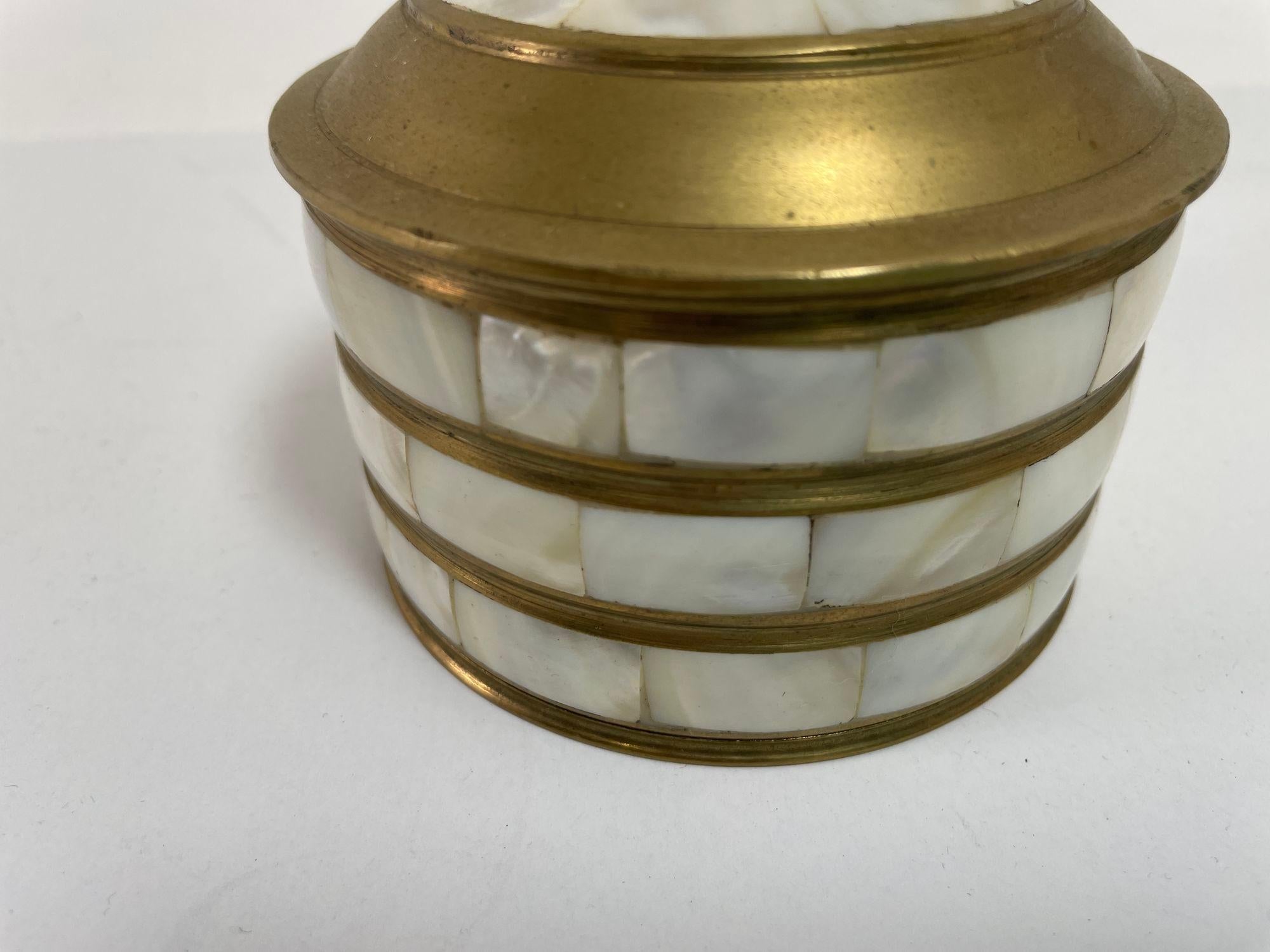 20th Century Vintage Round Trinket Lidded Brass Box with Mother of Pearl For Sale