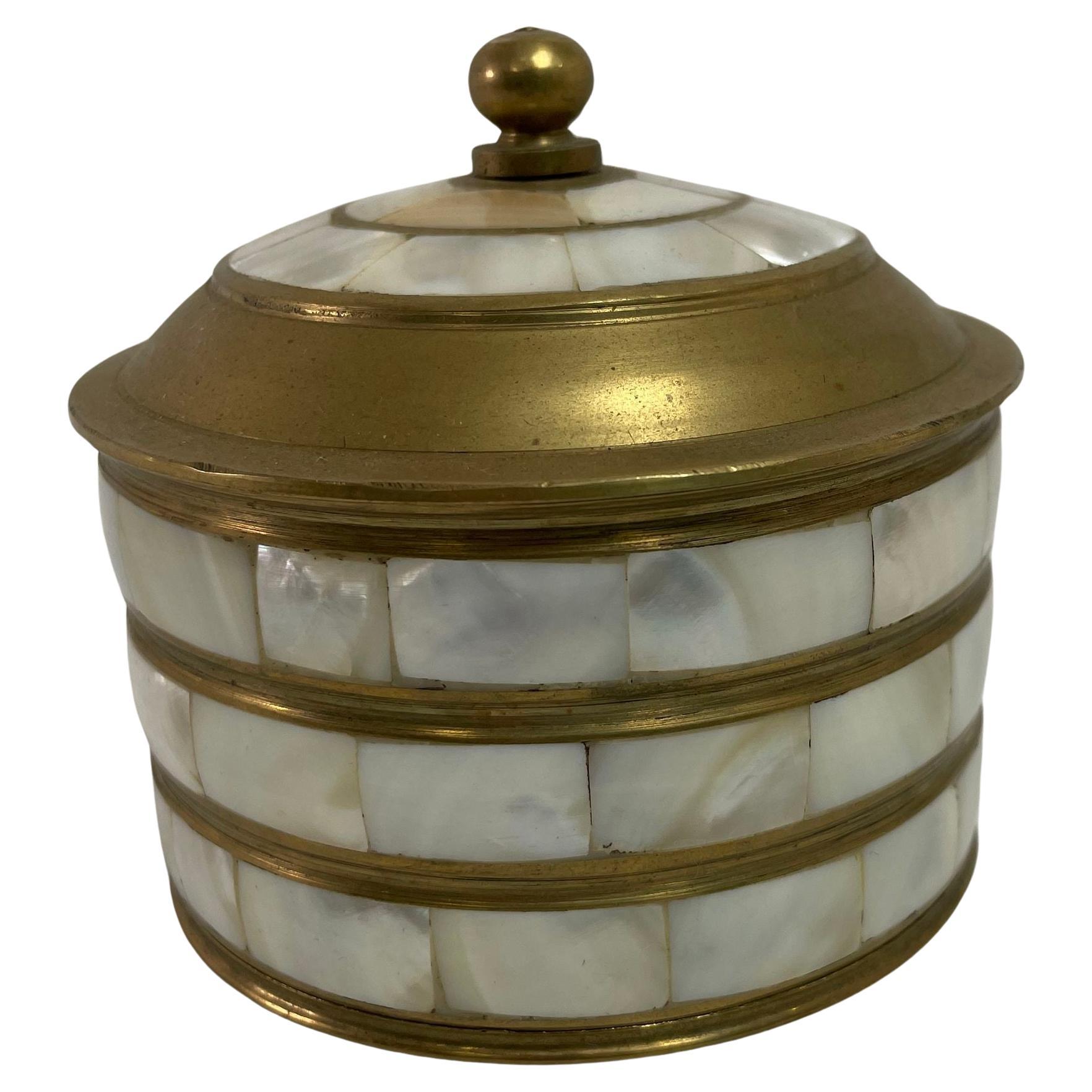 Vintage Round Trinket Lidded Brass Box with Mother of Pearl For Sale