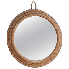 Vintage Round Wall Mirror in Rattan, France, 1950s