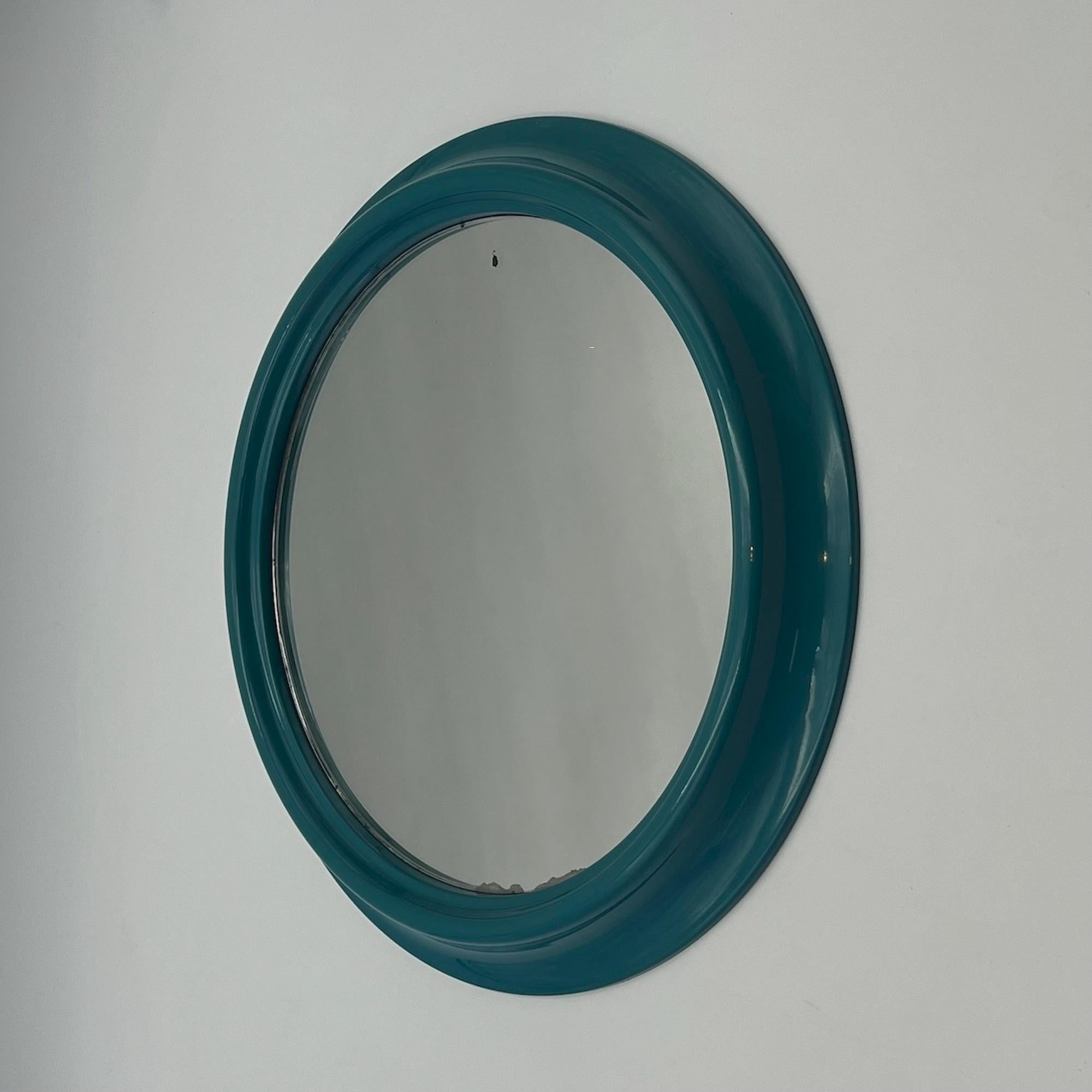 Space Age Vintage Round Wall Mirror in Turquoise Blue Made in Italy, 1970s For Sale