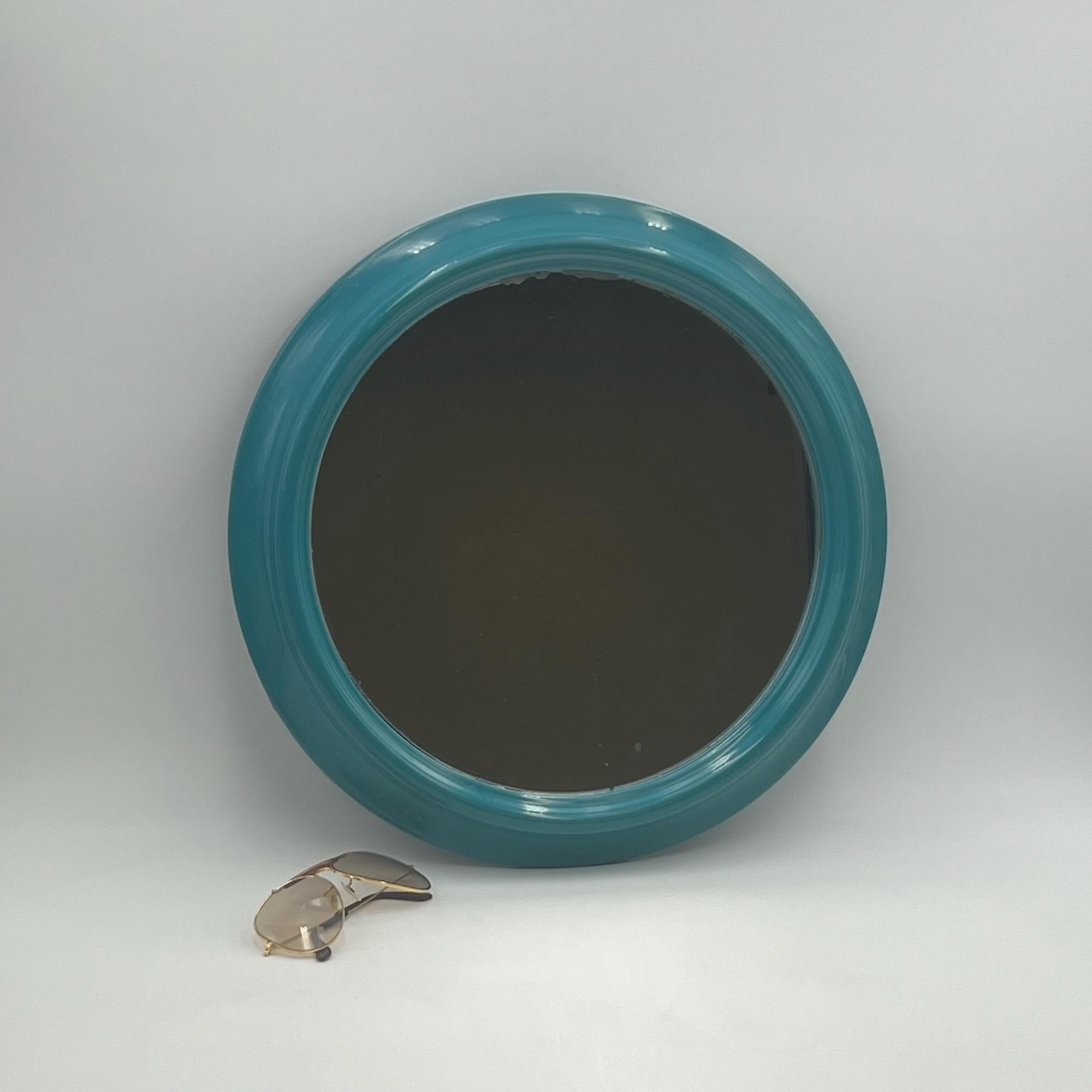 Plastic Vintage Round Wall Mirror in Turquoise Blue Made in Italy, 1970s For Sale