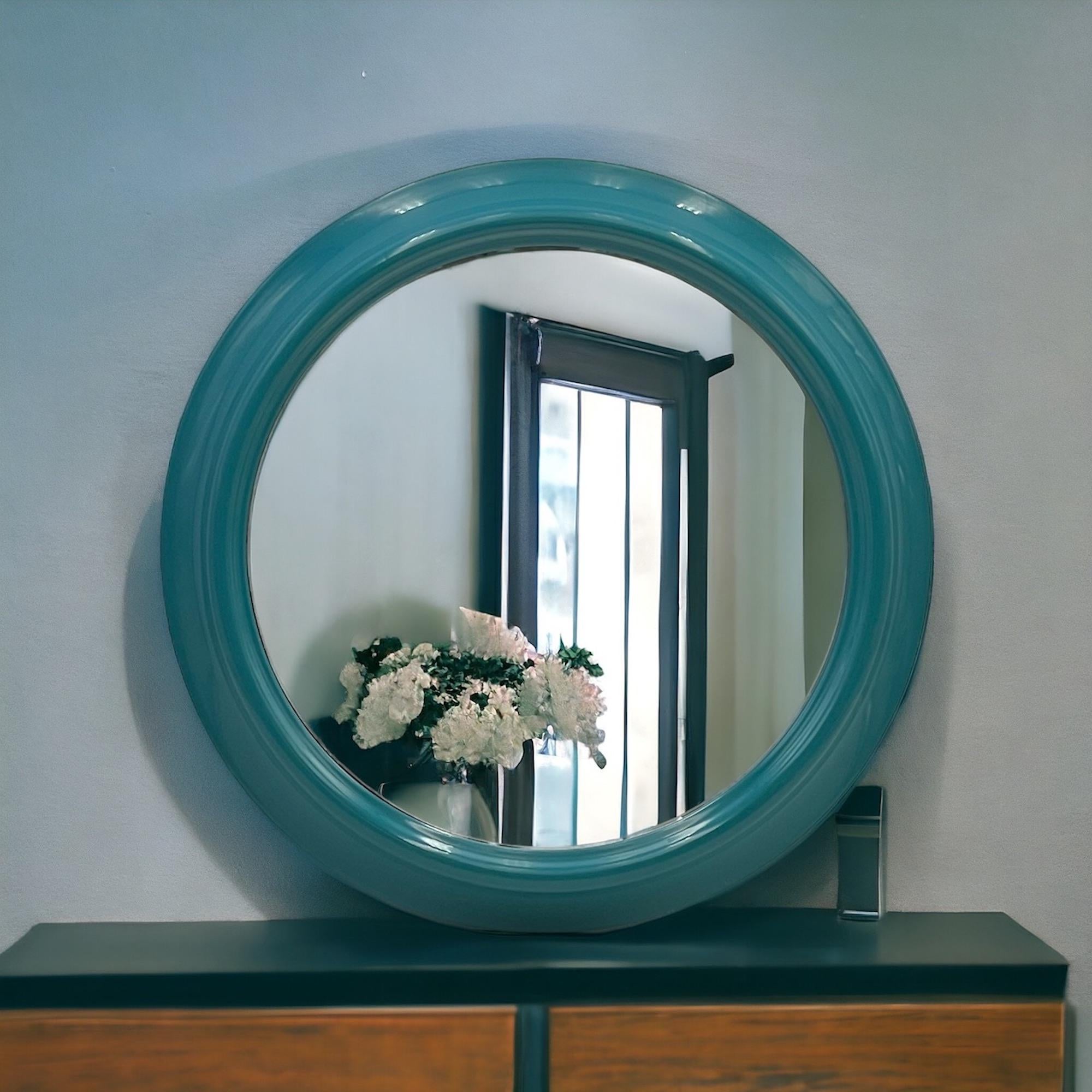 Vintage Round Wall Mirror in Turquoise Blue Made in Italy, 1970s For Sale 2