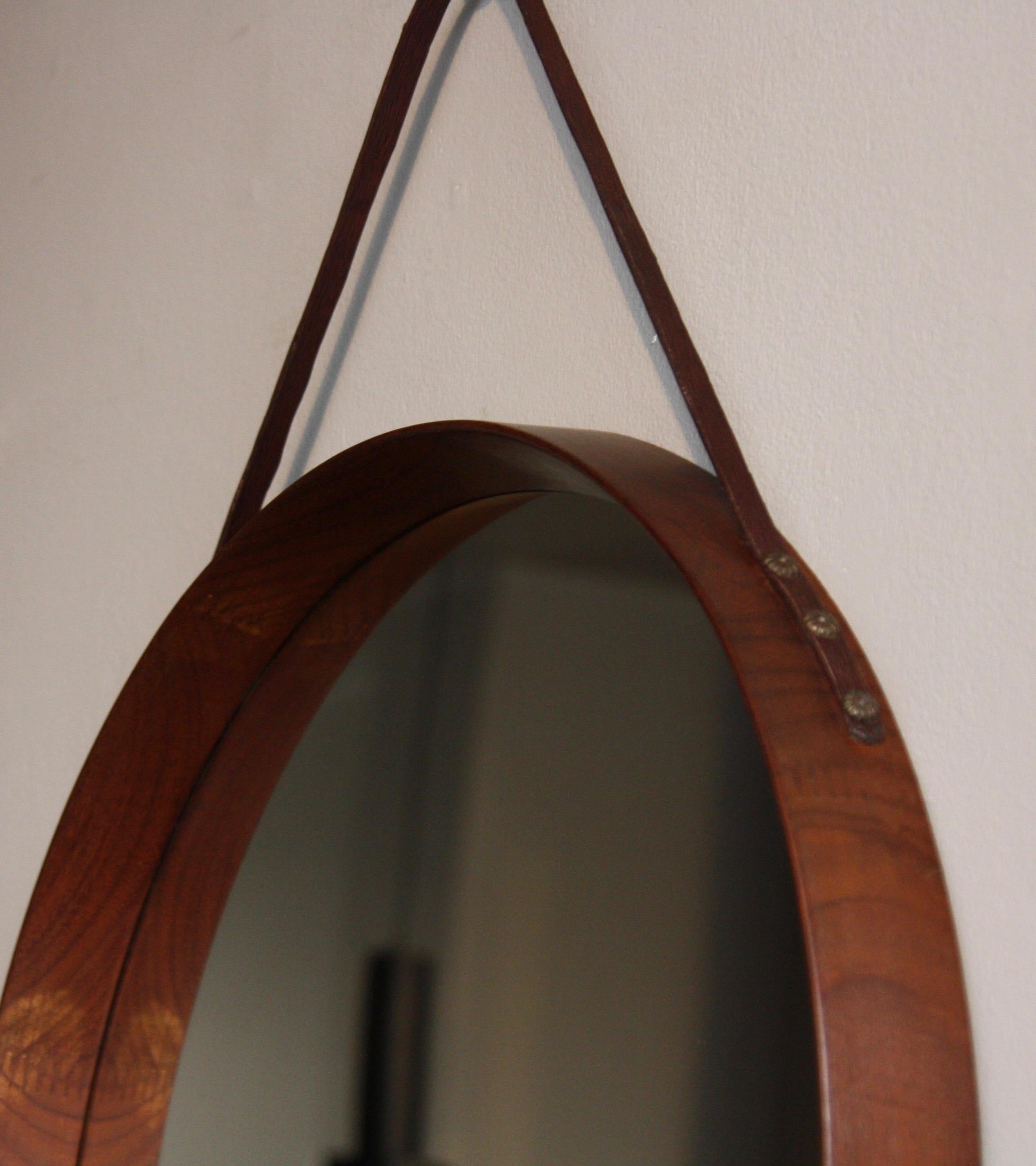 Vintage Round Wall Teak Mirror with Leather Hanging Strap, 1950 2