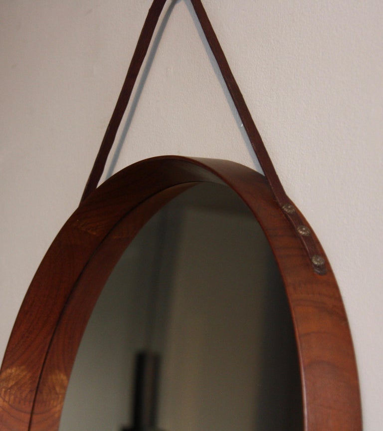 Vintage Round Wall Teak Mirror with Leather Hanging Strap, 1950 at 1stDibs