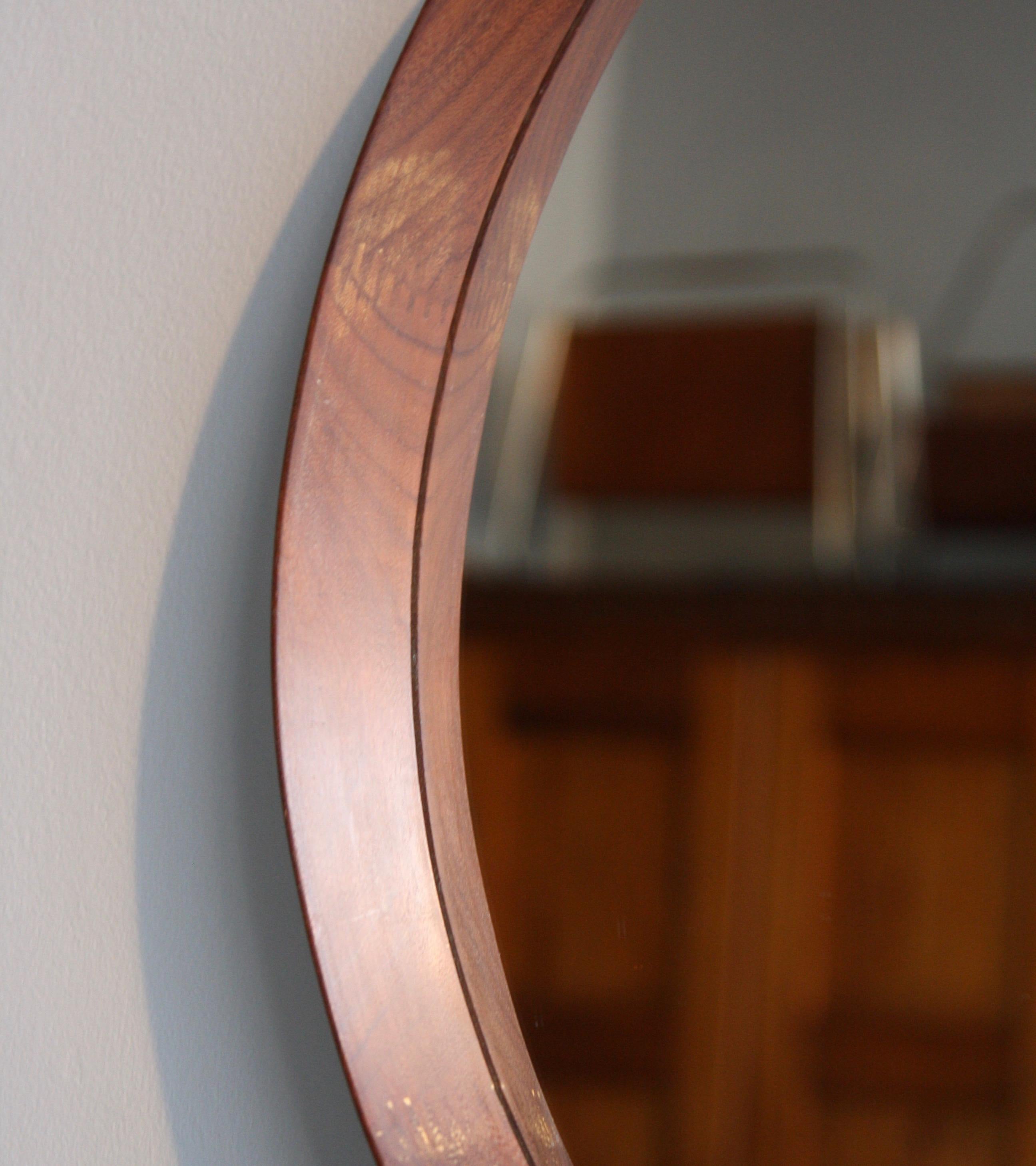 Vintage Round Wall Teak Mirror with Leather Hanging Strap, 1950 3