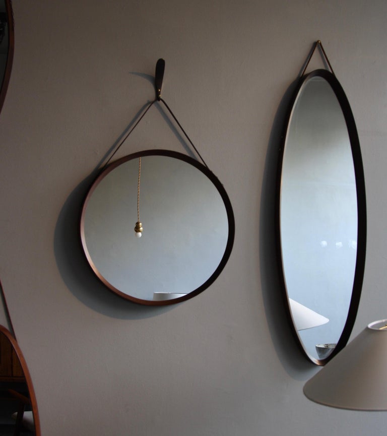 Vintage Round Wall Teak Mirror with Leather Hanging Strap, 1950 at