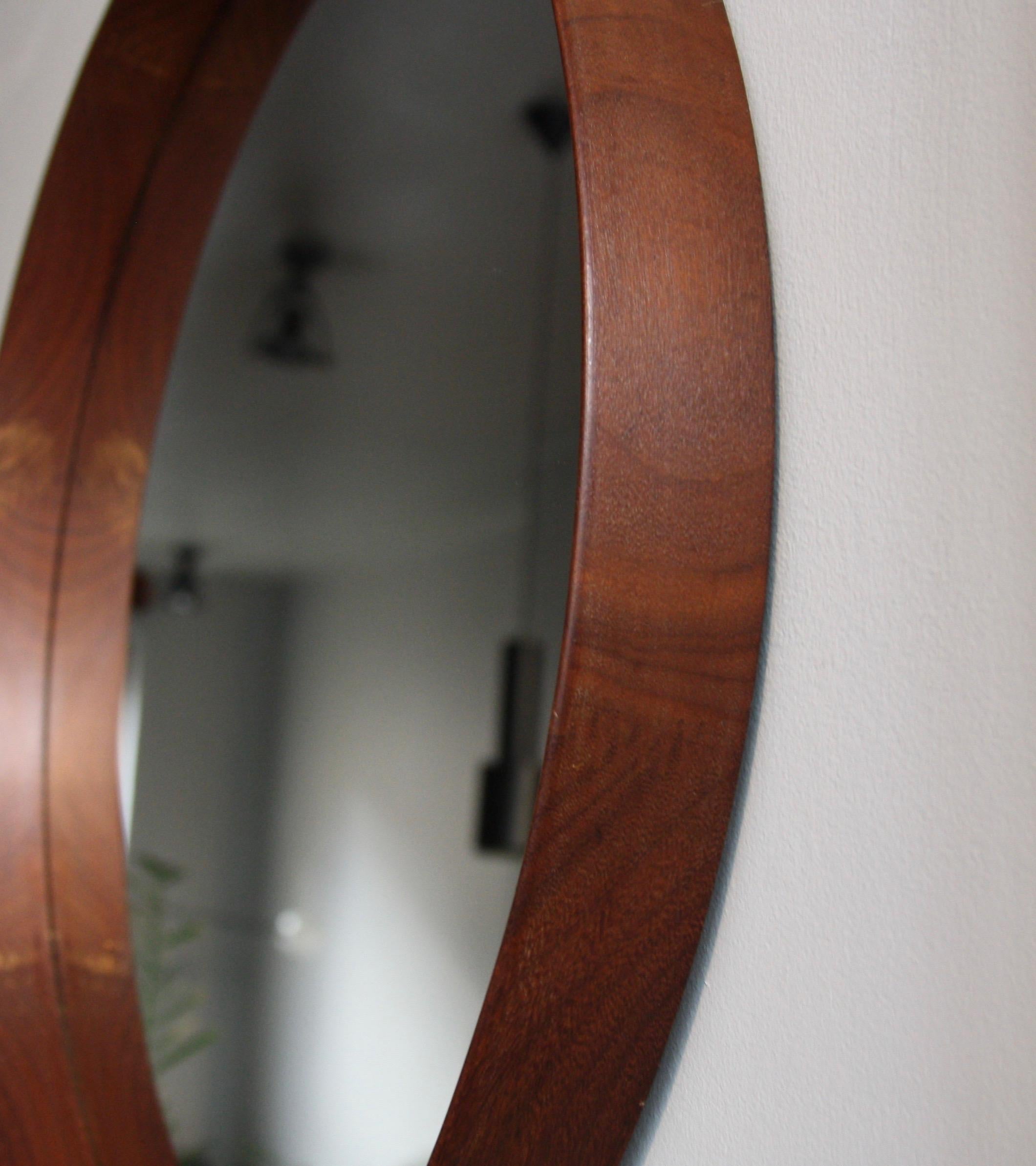Vintage Round Wall Teak Mirror with Leather Hanging Strap, 1950 In Excellent Condition In London, GB