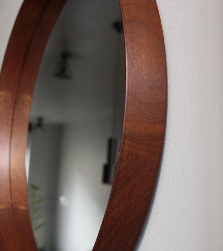 Vintage Round Wall Teak Mirror with Leather Hanging Strap, 1950 at