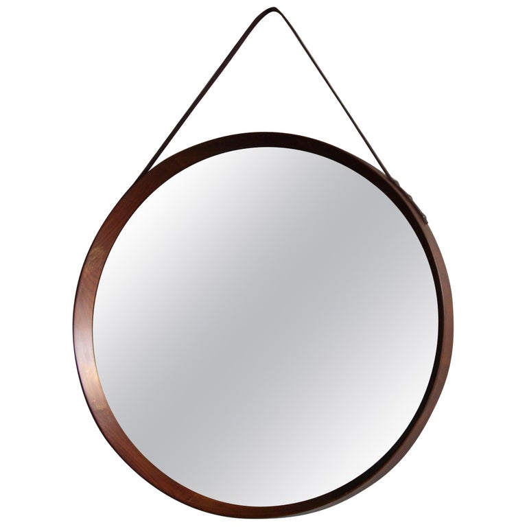 Vintage Round Wall Teak Mirror With Leather Hanging Strap 1950 At 1stdibs