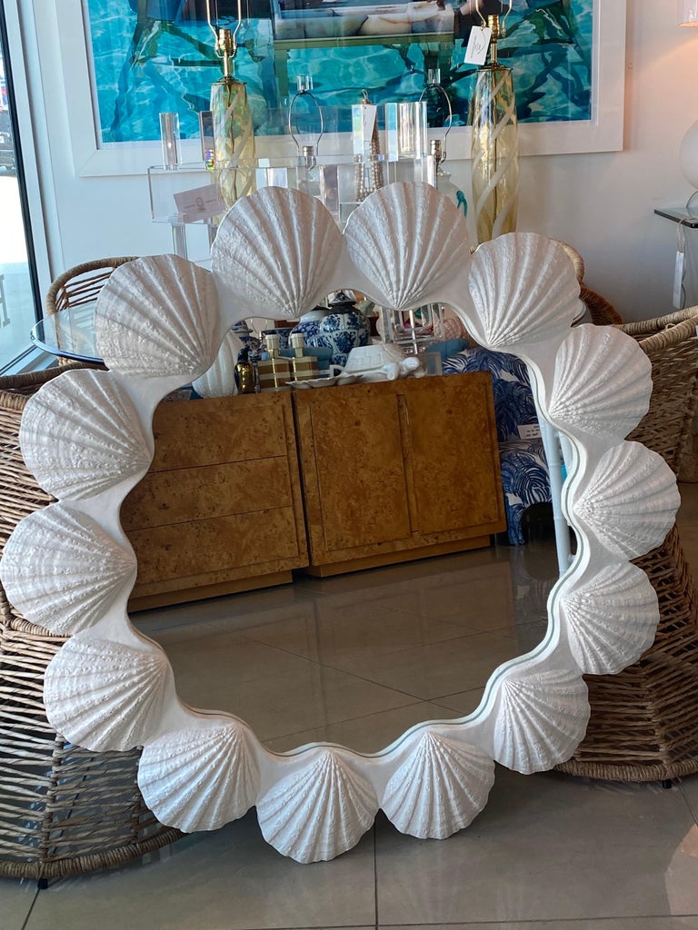 Vintage Round Lacquered Palm Beach Scallop Seashell Shell Mirror Two Available For Sale at