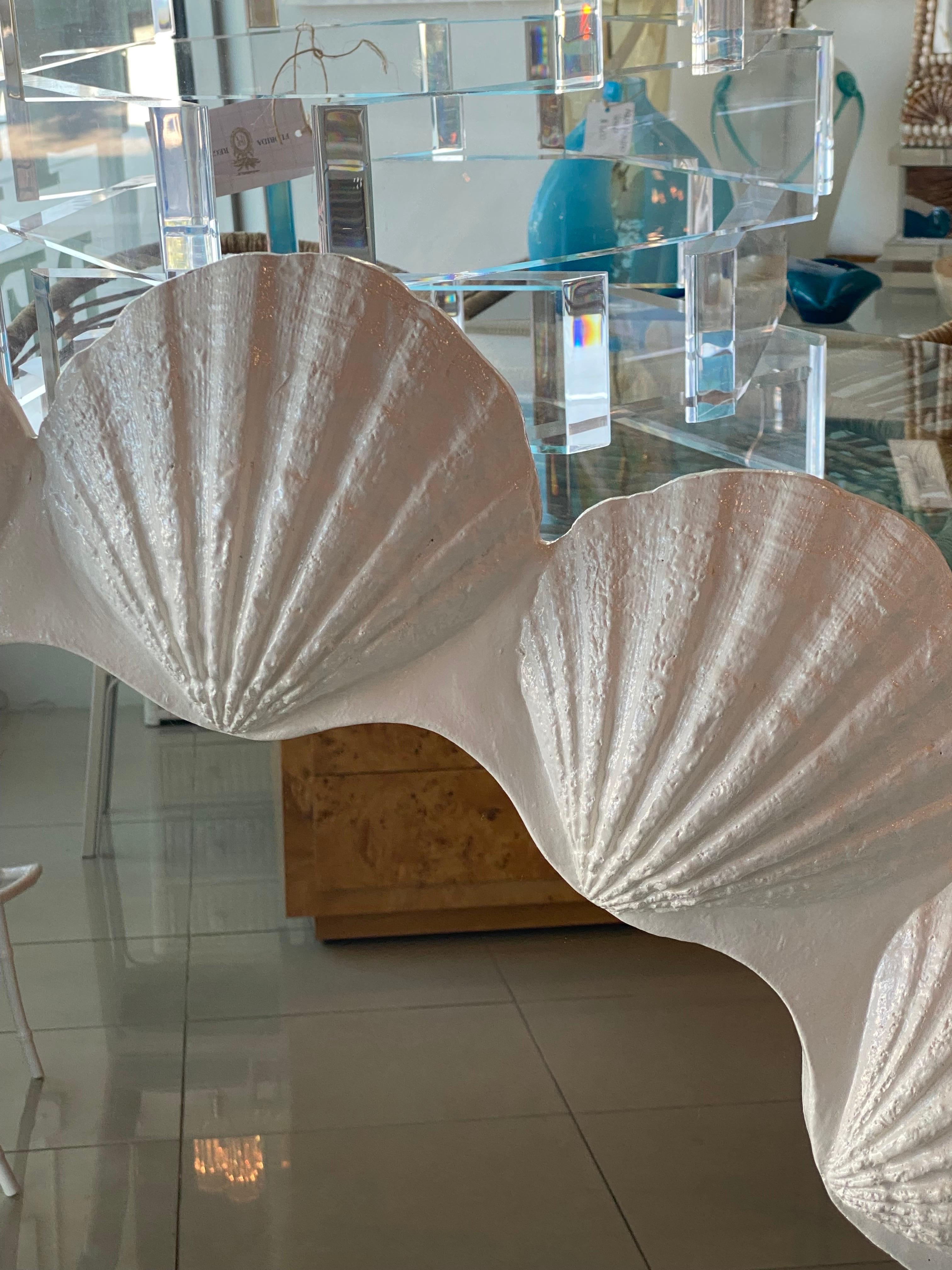 Beautiful vintage seashell shell scalloped wall mirror newly lacquered in white. Dimensions: 42 D x 2 D. Pair Available. Listed Separately. 