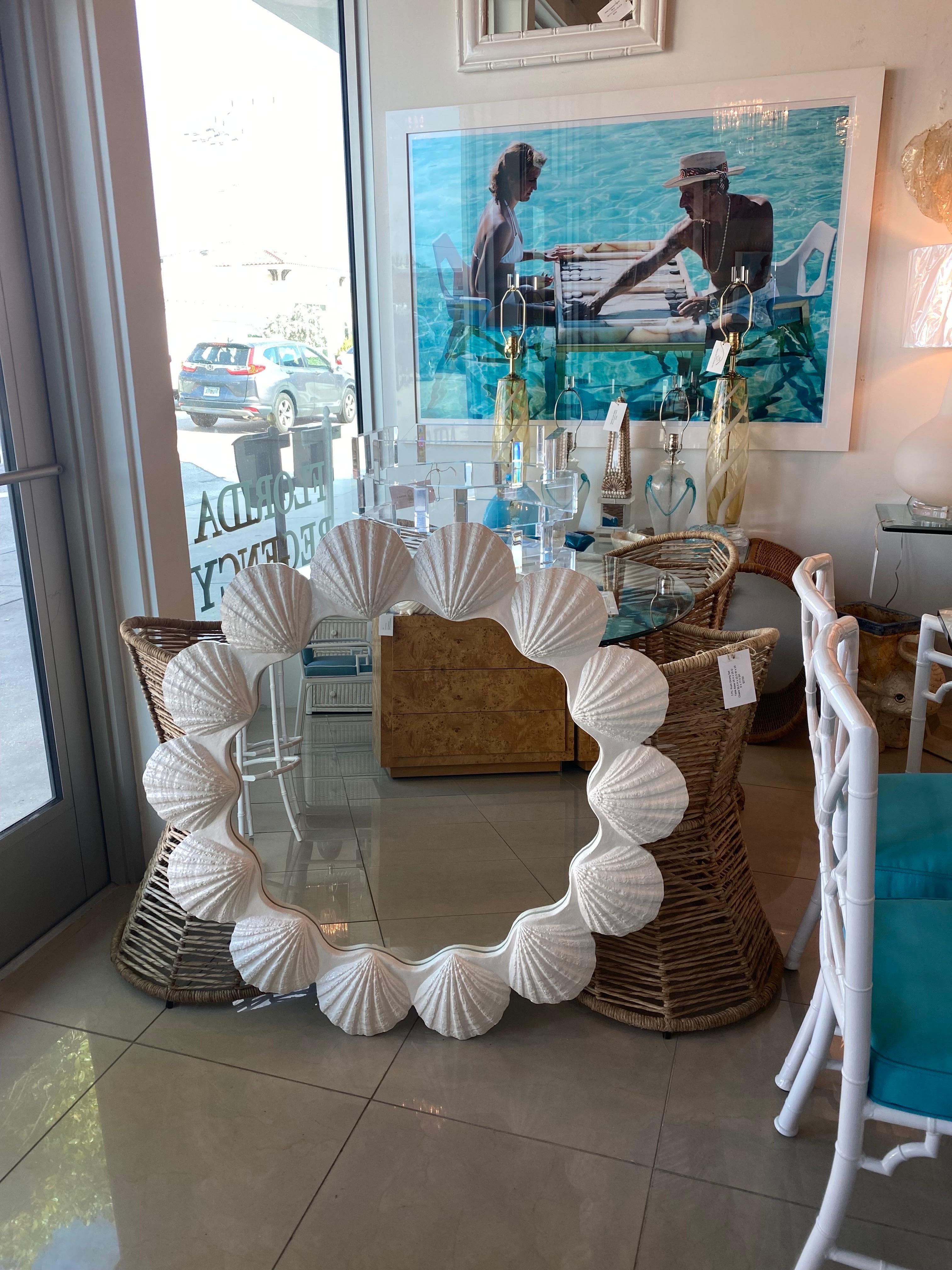 Vintage Round Lacquered Palm Beach Scallop Seashell Shell Mirror Pair Available In Good Condition In West Palm Beach, FL