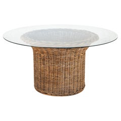 Vintage Round Wicker and Glass Side Table, France 1960s