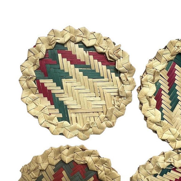 Mexican Vintage Round Woven Herringbone Raffia Coasters in Pink Brown and Green Set of 6 For Sale