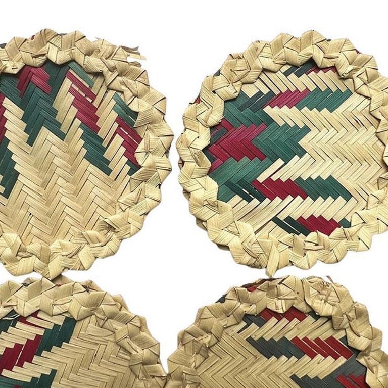 Vintage Round Woven Herringbone Raffia Coasters in Pink Brown and Green Set of 6 In Good Condition For Sale In Oklahoma City, OK