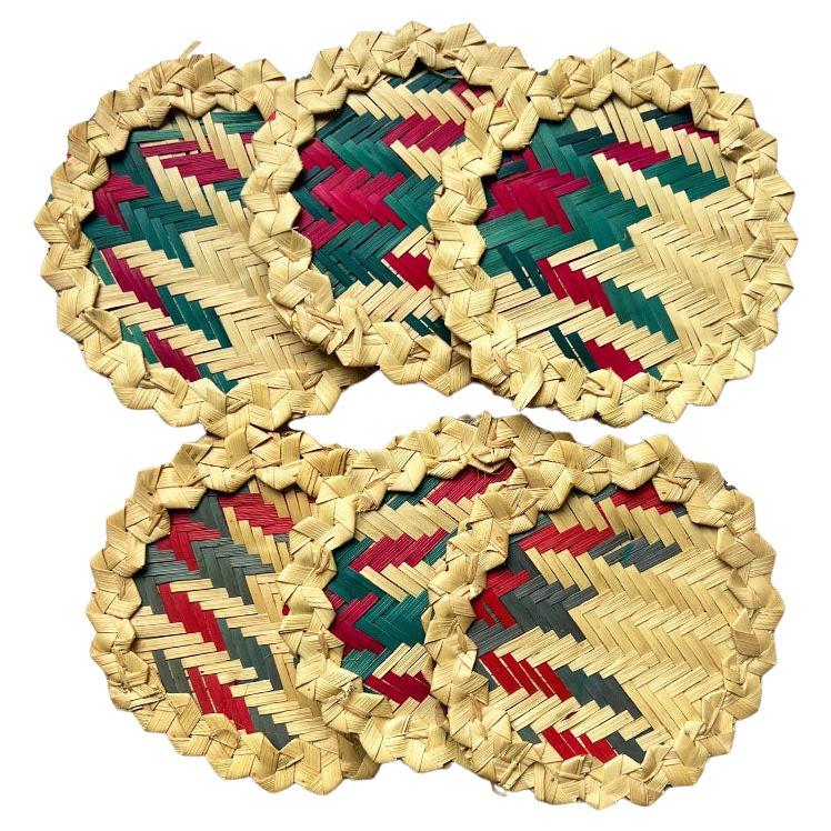 Vintage Round Woven Herringbone Raffia Coasters in Pink Brown and Green Set of 6 For Sale