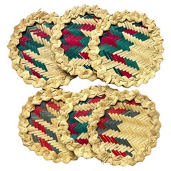 Used Round Woven Herringbone Raffia Coasters in Pink Brown and Green Set of 6