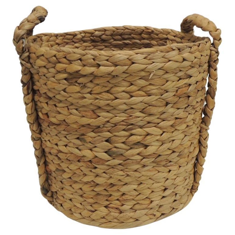 Vintage Round Woven Wastebasket or Planter with Handles For Sale at 1stDibs