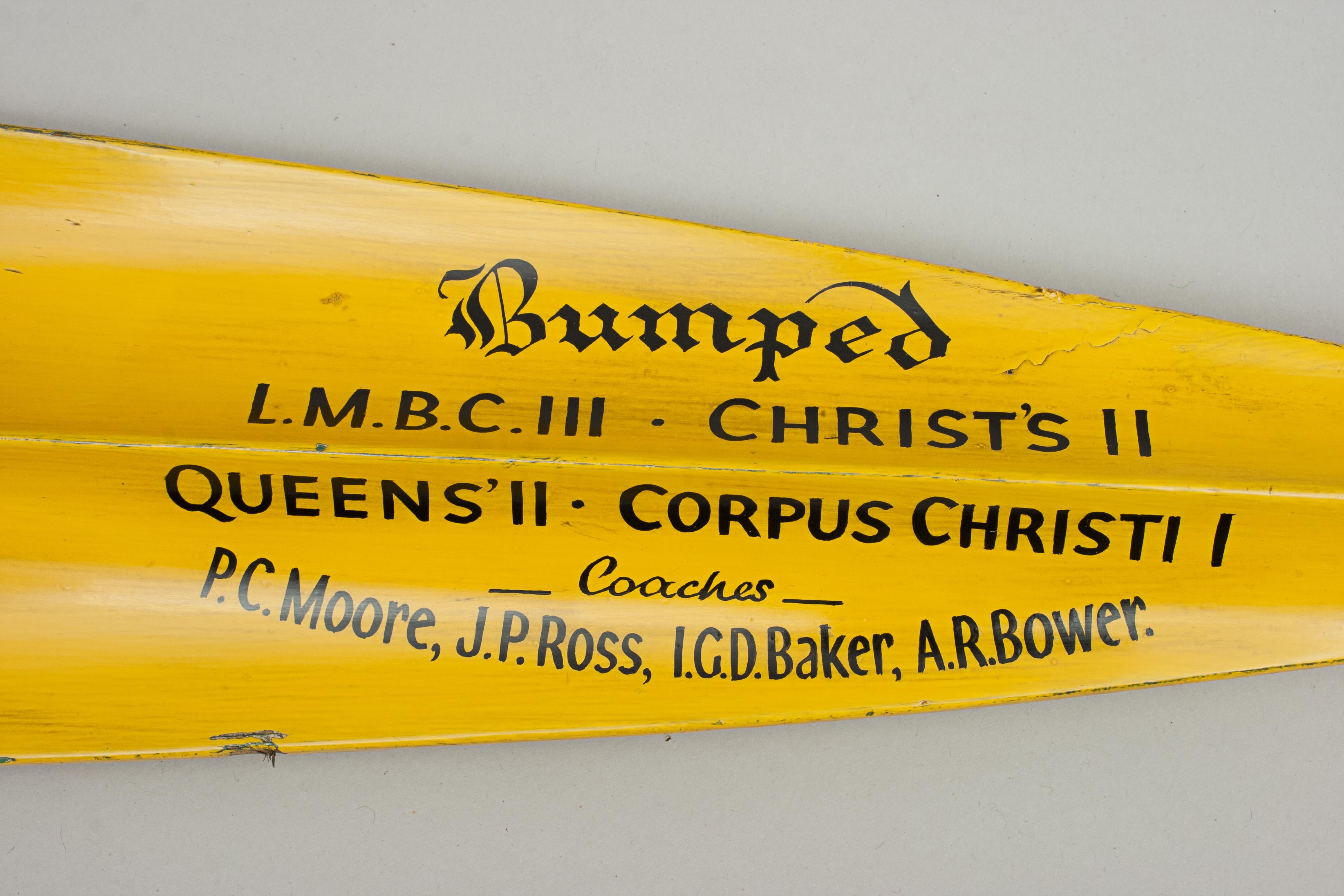 Cambridge presentation oar, trophy blade, 1961.
The oar is an original traditional Clare College (Cambridge University) presentation rowing oar tip with calligraphy and college insignia. The paint and writing on the trophy blade is in good