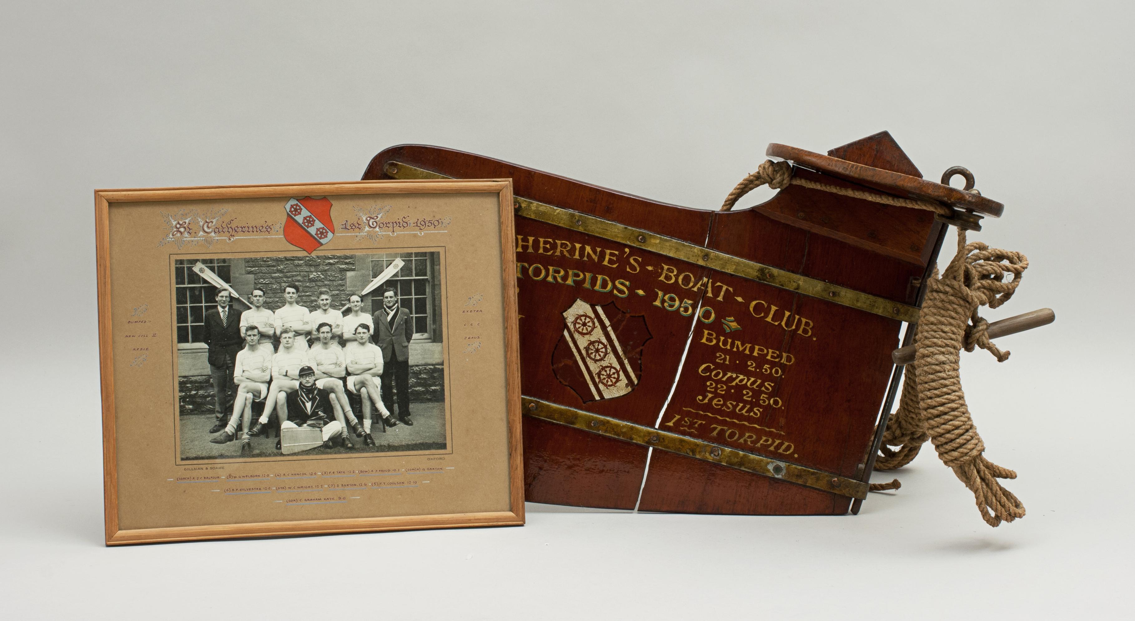 Sporting Art Vintage Rowing Rudder Trophy with Team Photo, Oxford Uni.St Cathrine's Boat Club
