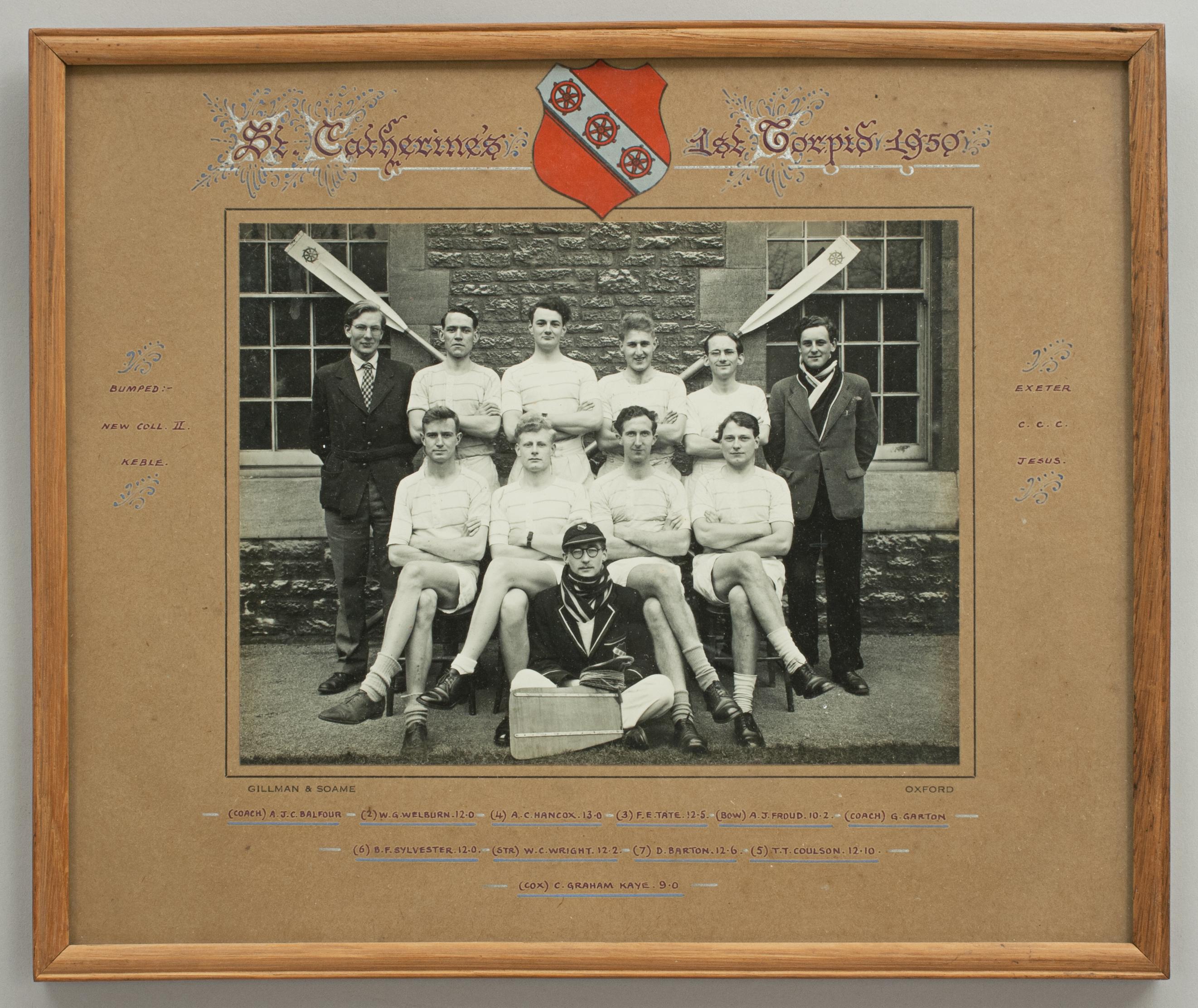 English Vintage Rowing Rudder Trophy with Team Photo, Oxford Uni.St Cathrine's Boat Club