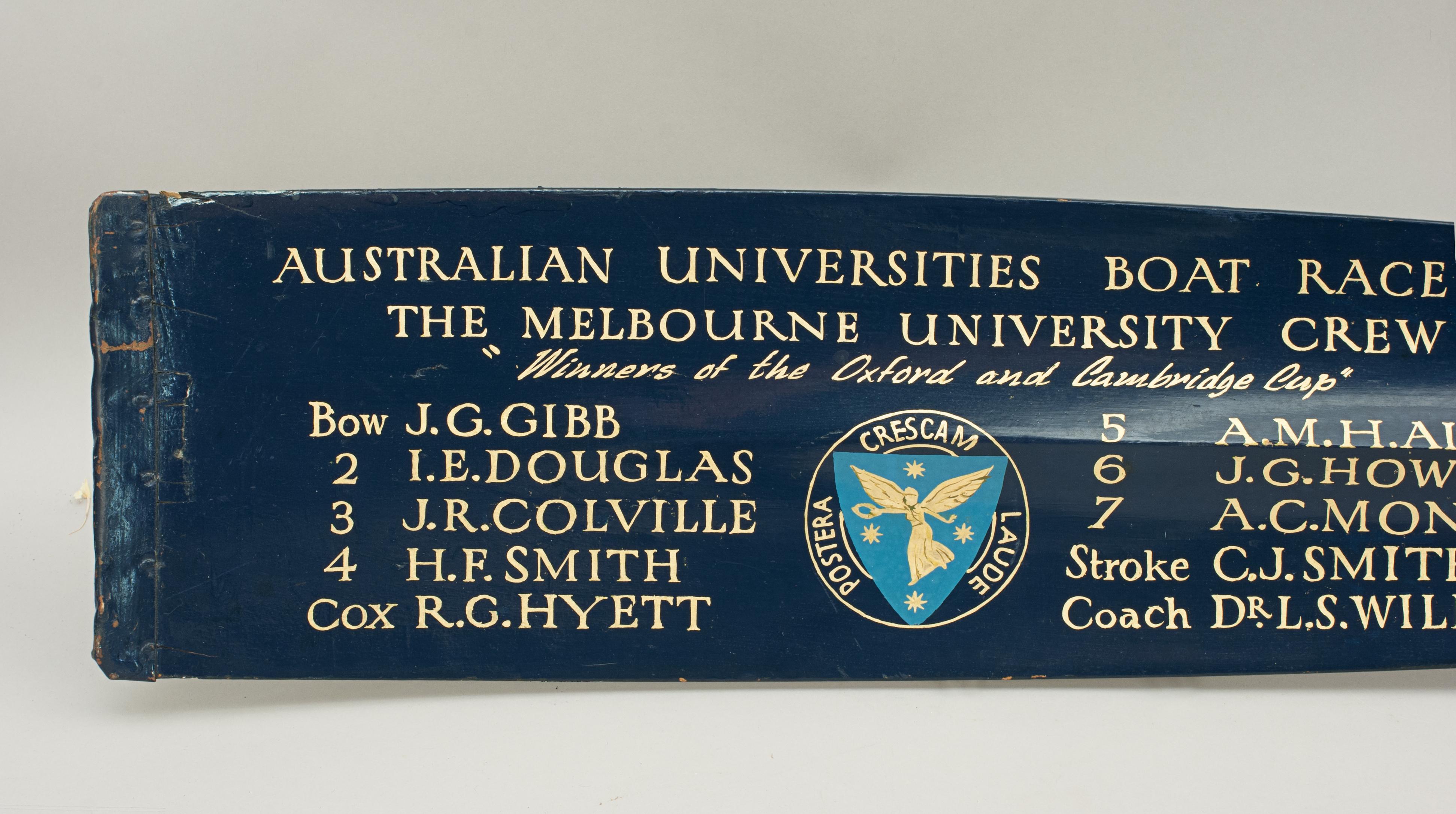 1955 Australian University Regatta Presentation Oar, Trophy Blade.
This oar blade tip is an original traditional Melbourne University presentation rowing oar tip with calligraphy and The Melbourne University insignia. The paint and writing on the