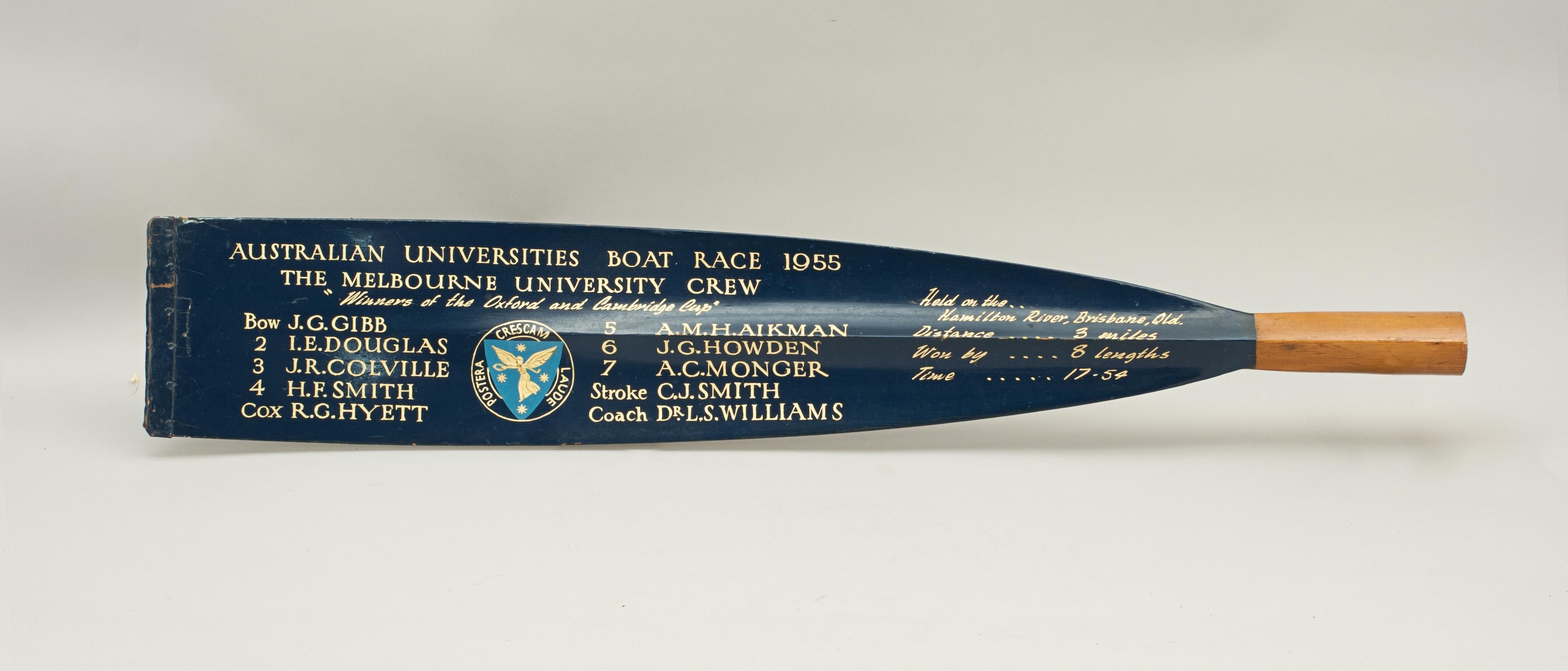 Mid-20th Century Vintage Rowing Trophy Blade 1955 Australian University Regatta