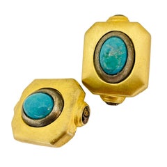 Vintage ROXANNE ASSOULIN gold turquoise designer runway clip on earrings
