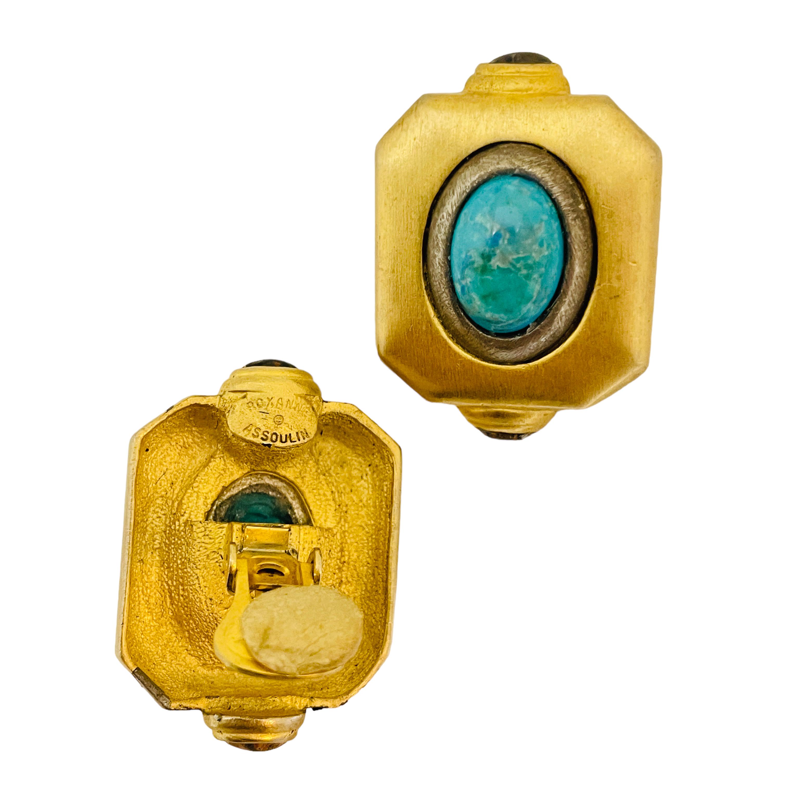 Vintage ROXANNE ASSOULIN Gold Türkis Designer Laufsteg-Ohrclips an Ohrringen, Vintage im Zustand „Hervorragend“ im Angebot in Palos Hills, IL