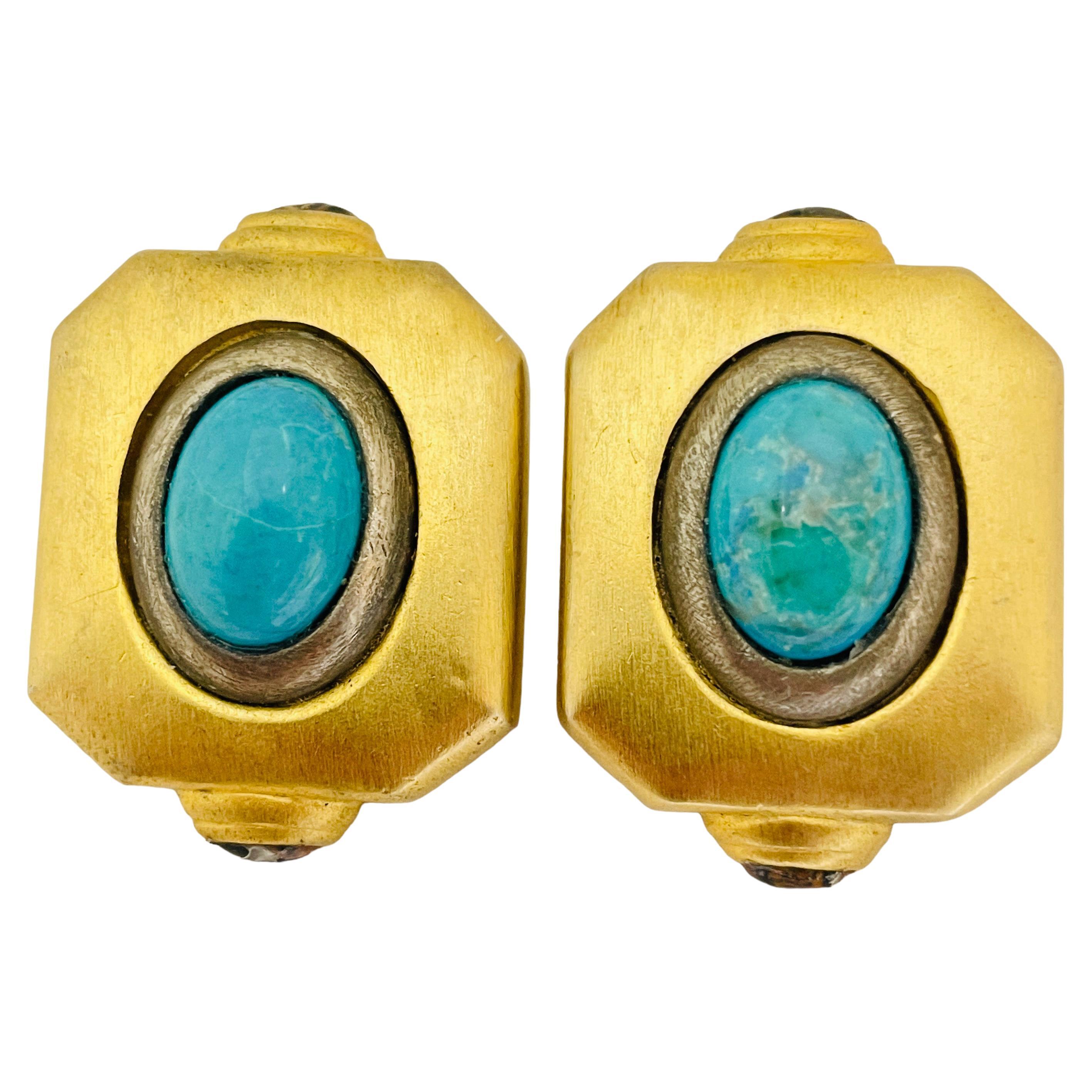 Vintage ROXANNE ASSOULIN gold turquoise designer runway clip on earrings For Sale