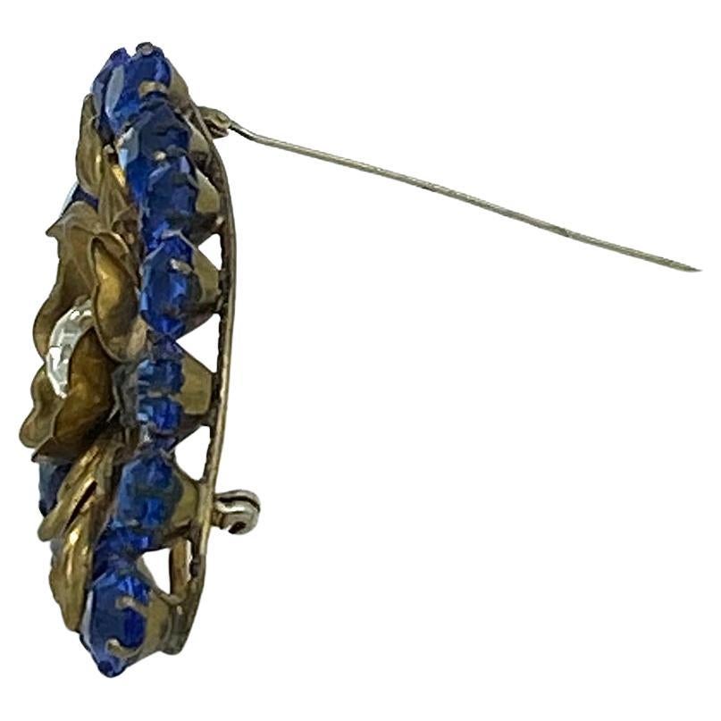 Edwardian Vintage Royal Blue Crystal Glass Brooch For Sale