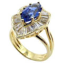Vintage Royal Blue Marquise Sapphire & Diamond Ballerina Ring in 18K Yellow Gold