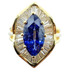 Vintage Royal Blue Marquise Sapphire & Diamond Ballerina Ring in 18K Yellow Gold