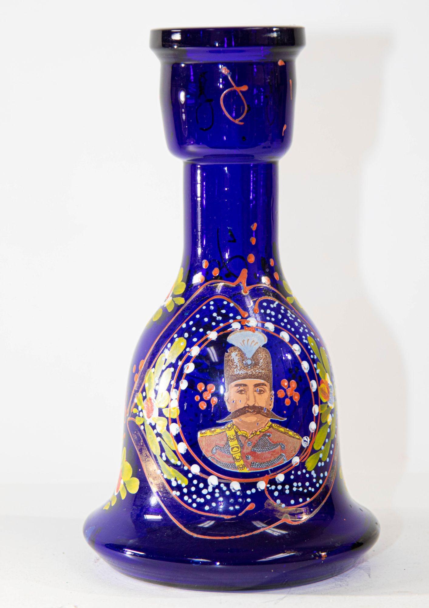 Vintage Royal Blue Opaque Enameled Bohemian Glass Hookah Base For Sale 3