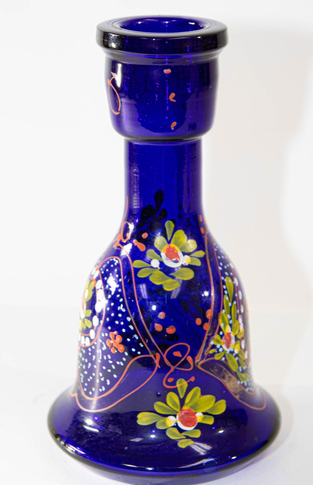 Vintage Royal Blue Opaque Enameled Bohemian Glass Hookah Base In Good Condition For Sale In North Hollywood, CA