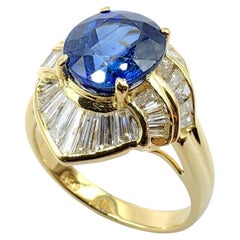 Vintage Royal Blue Oval Cut Sapphire & Diamond Ballerina Ring in 20K Yellow Gold