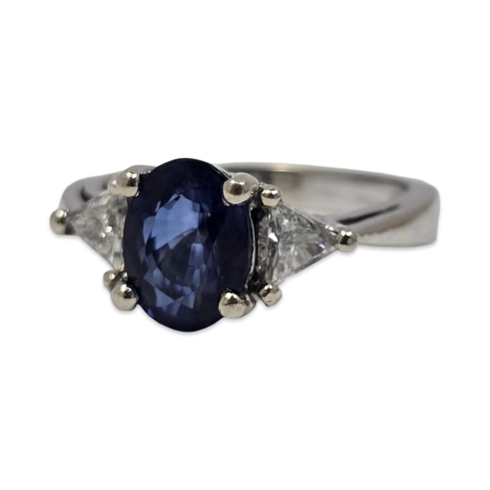 Oval Cut Vintage Royal Blue Sapphire & Trillion Diamond Ring 2.40ctw, 14K White Gold For Sale