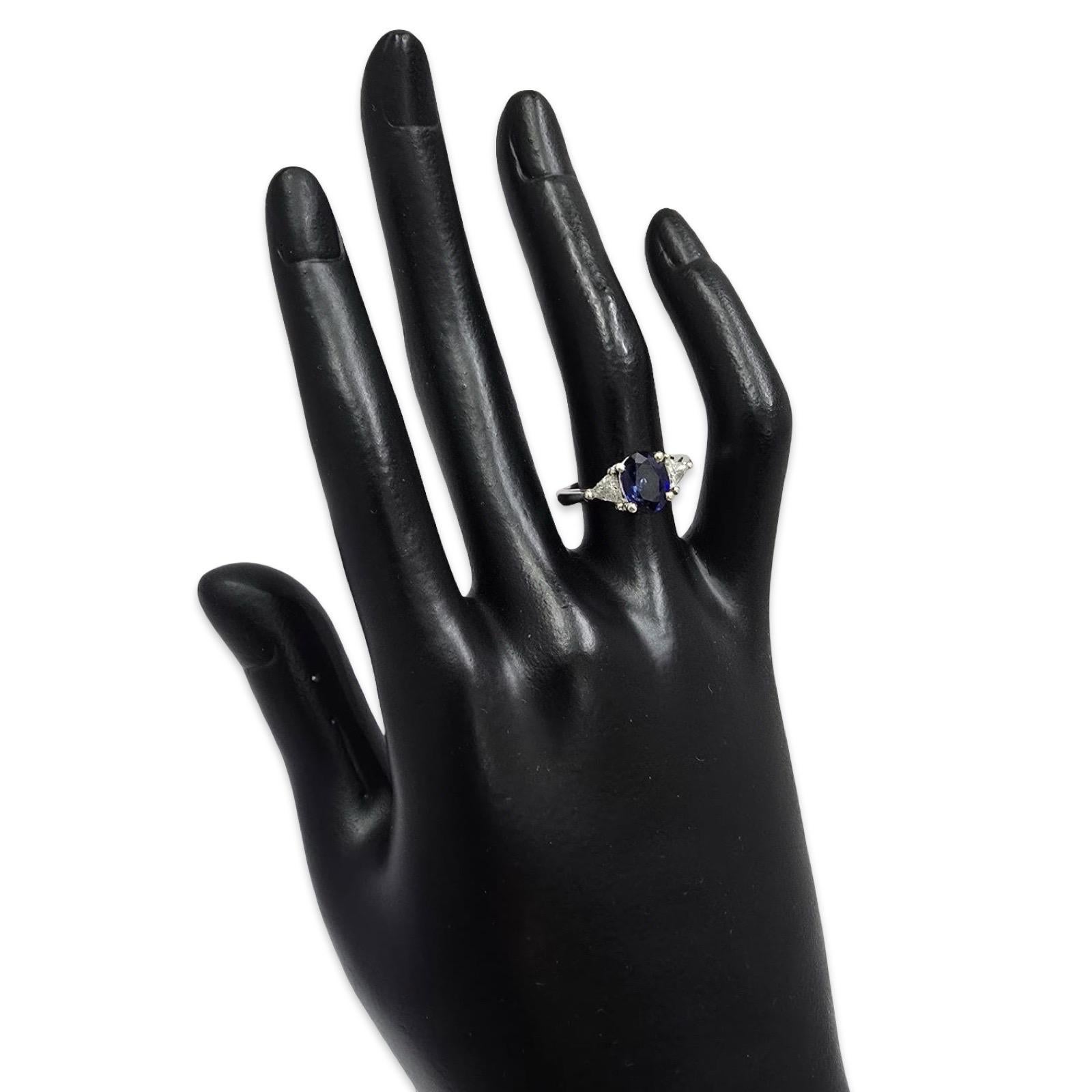 Women's or Men's Vintage Royal Blue Sapphire & Trillion Diamond Ring 2.40ctw, 14K White Gold For Sale