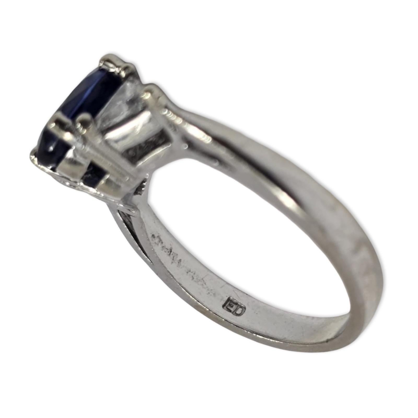 Vintage Royal Blue Sapphire & Trillion Diamond Ring 2.40ctw, 14K White Gold For Sale 3