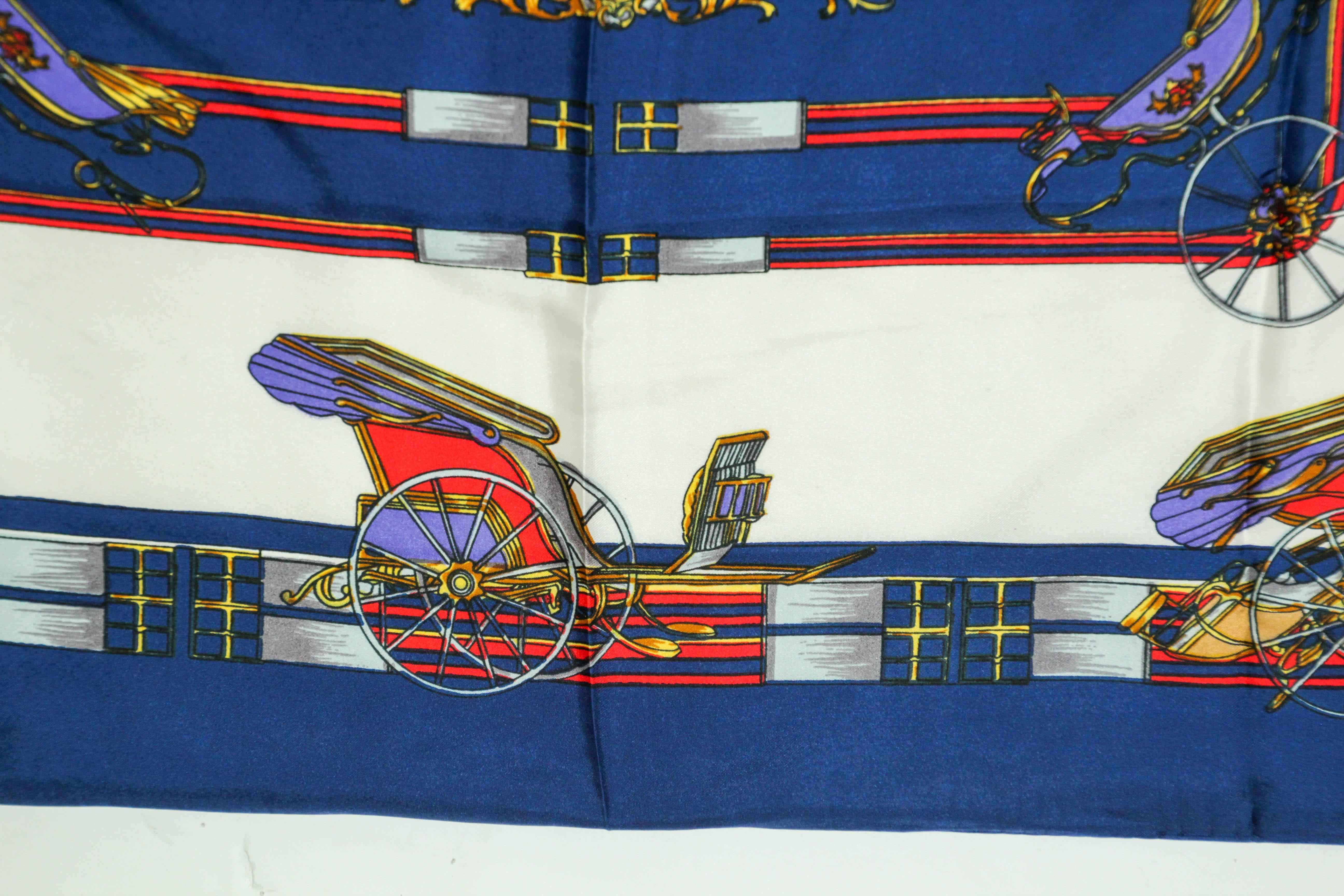 Vintage Royal Blue Silk Scarf with British Royal Horse Carriages Motif For Sale 7