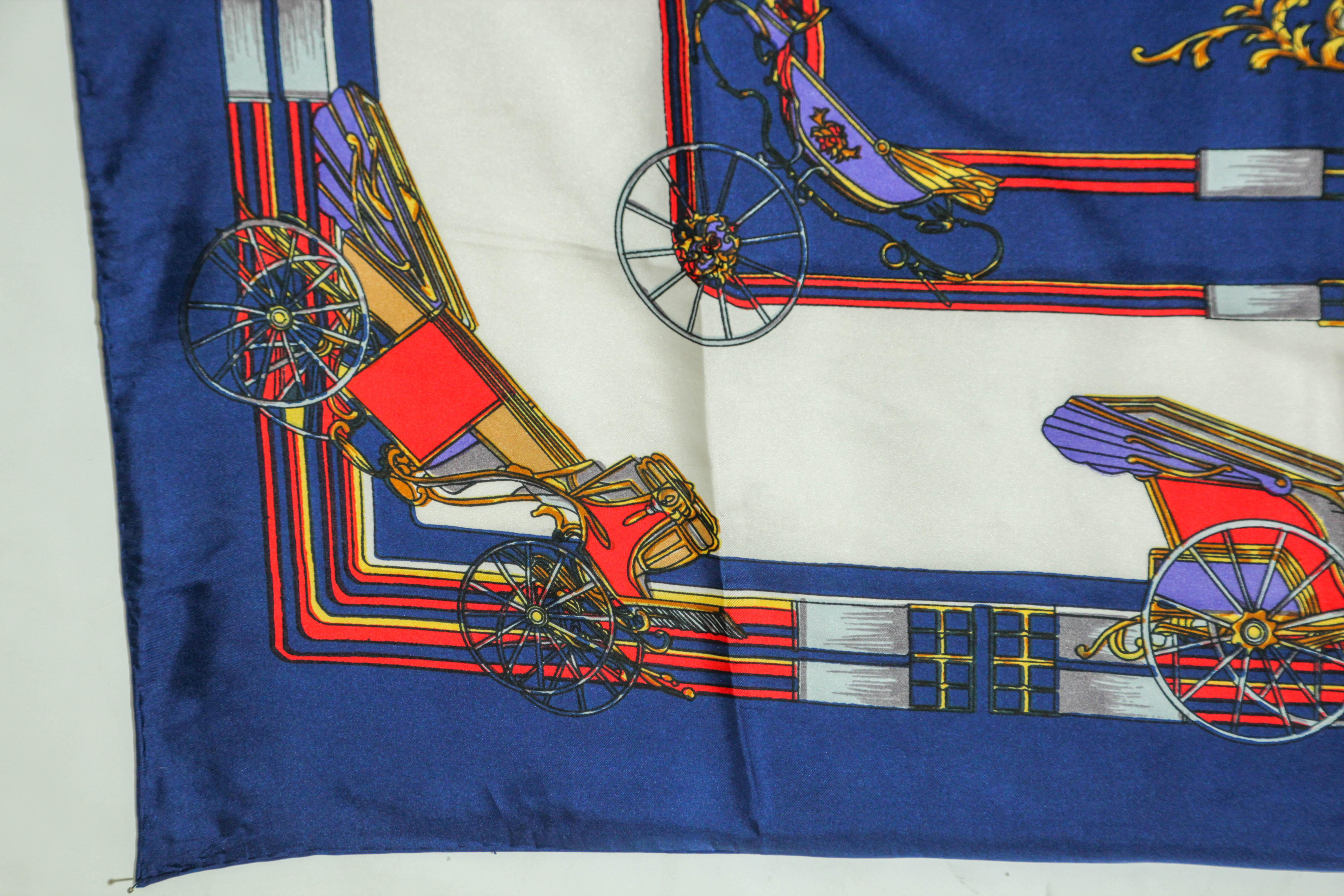 Vintage Royal Blue Silk Scarf with British Royal Horse Carriages Motif For Sale 8